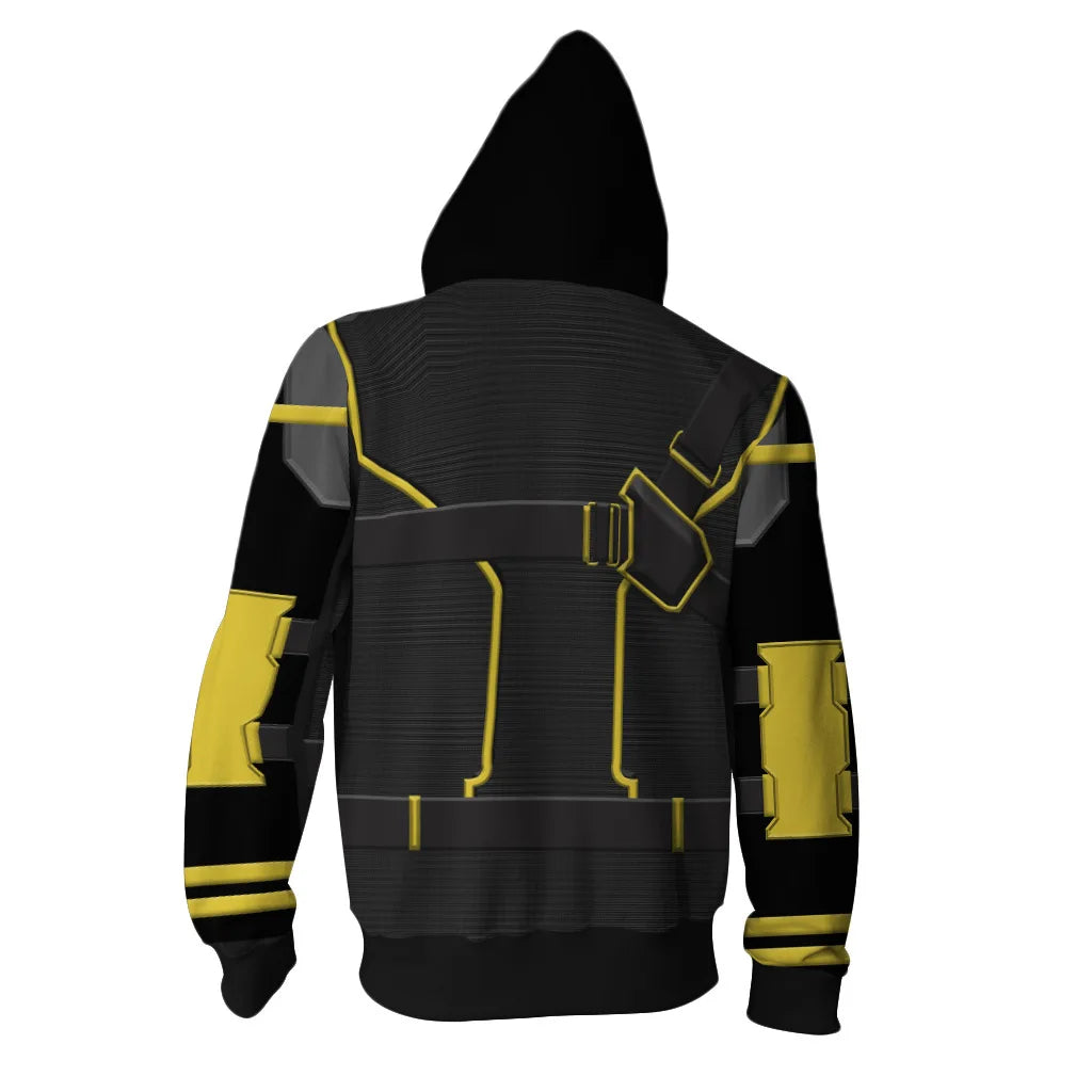 Hawkeye-hoodie – zwart-geel ontwerp van het Quantum-pak