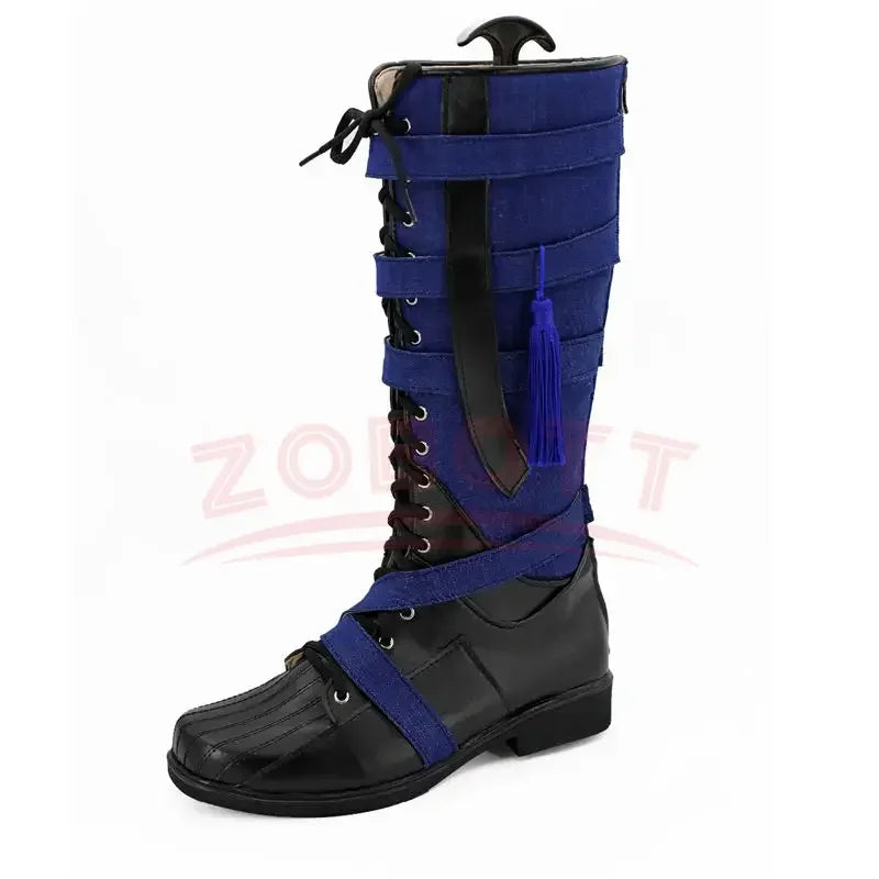Fantastische cosplaylaarzen - Marineblauw en zwart leer met pompon (heren)