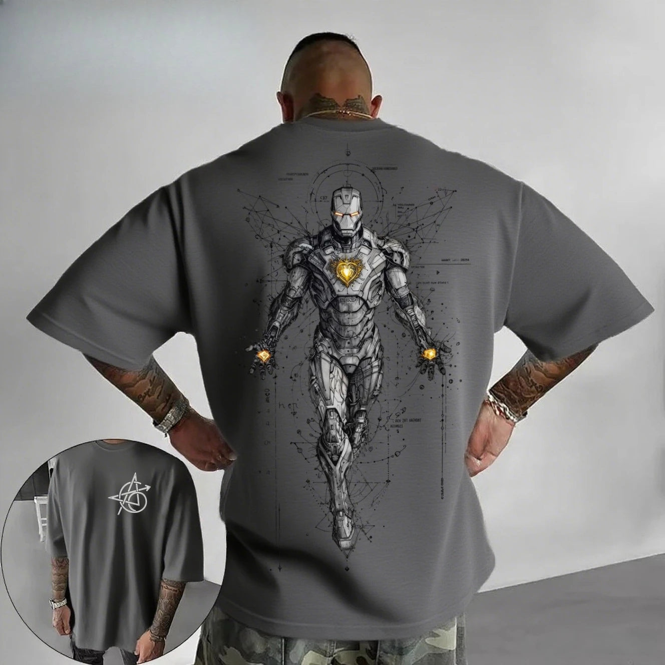 Avengers Iron Man-T-shirt – wit oversized shirt met cyberpunk-technische lijntekening