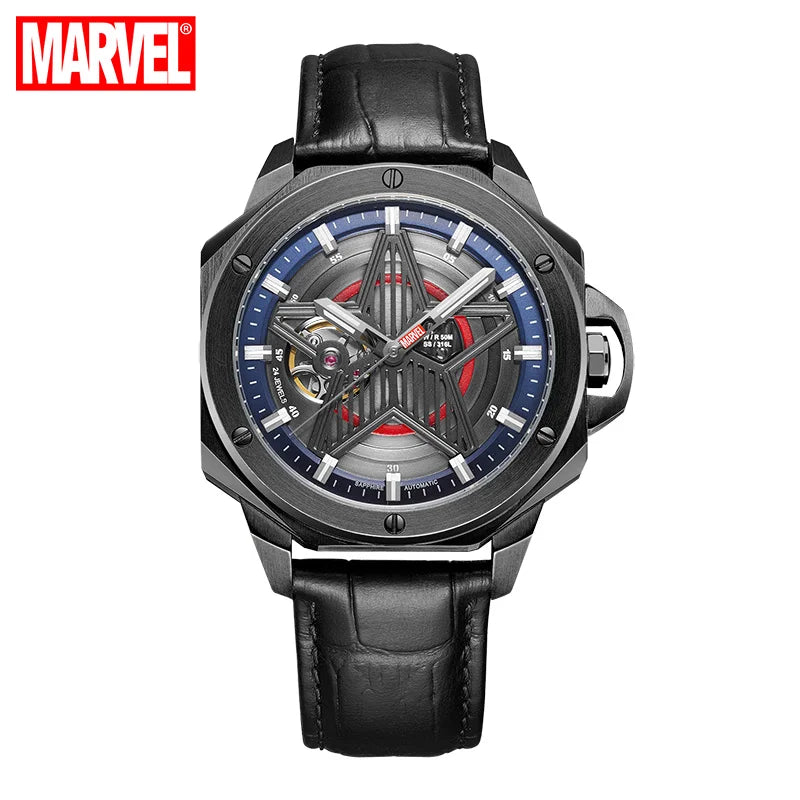 Avengers Captain America-skelet-horloge - Zwarte kast, leren band