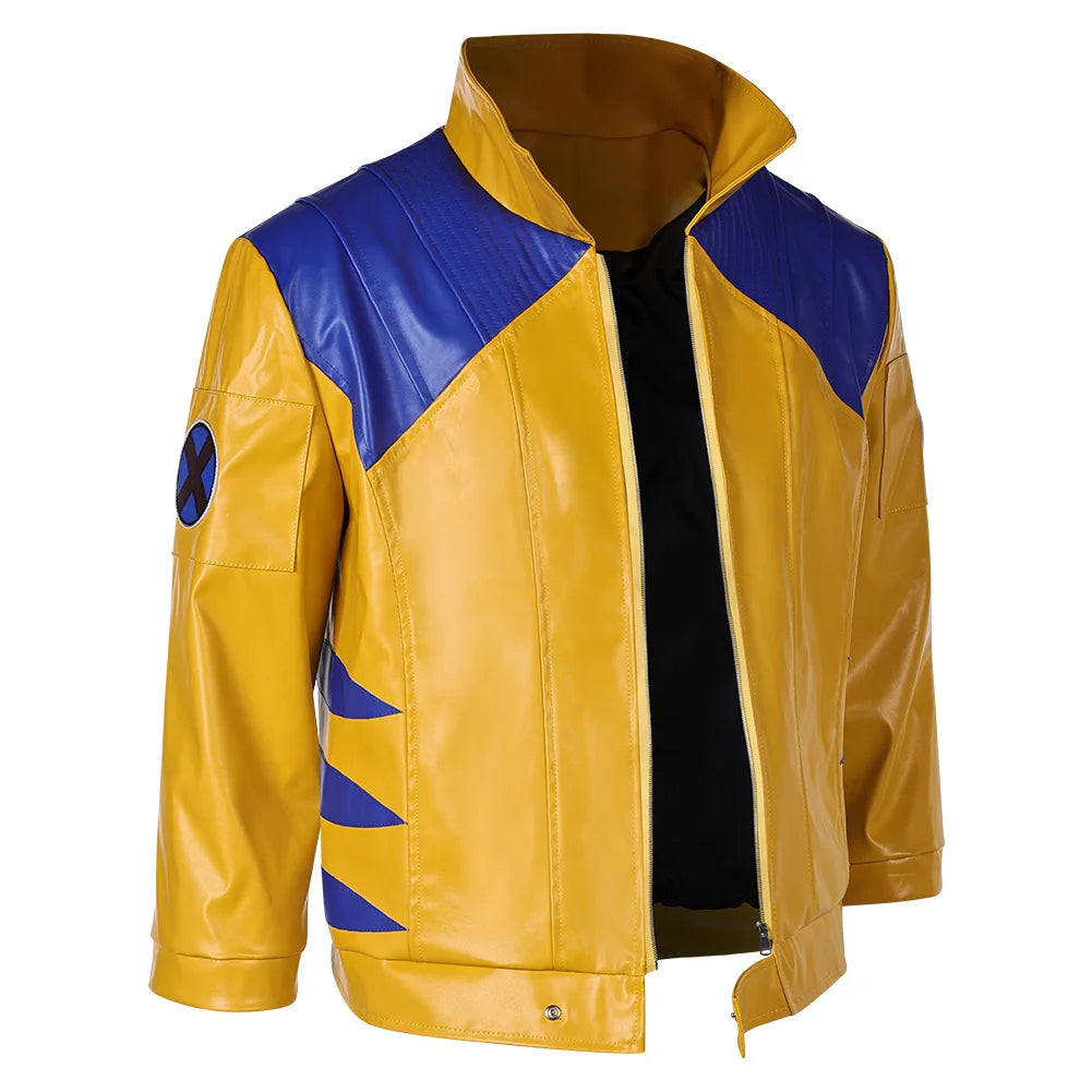 Wolverine-kostuum – geel-blauw leren jack met metalen klauwen