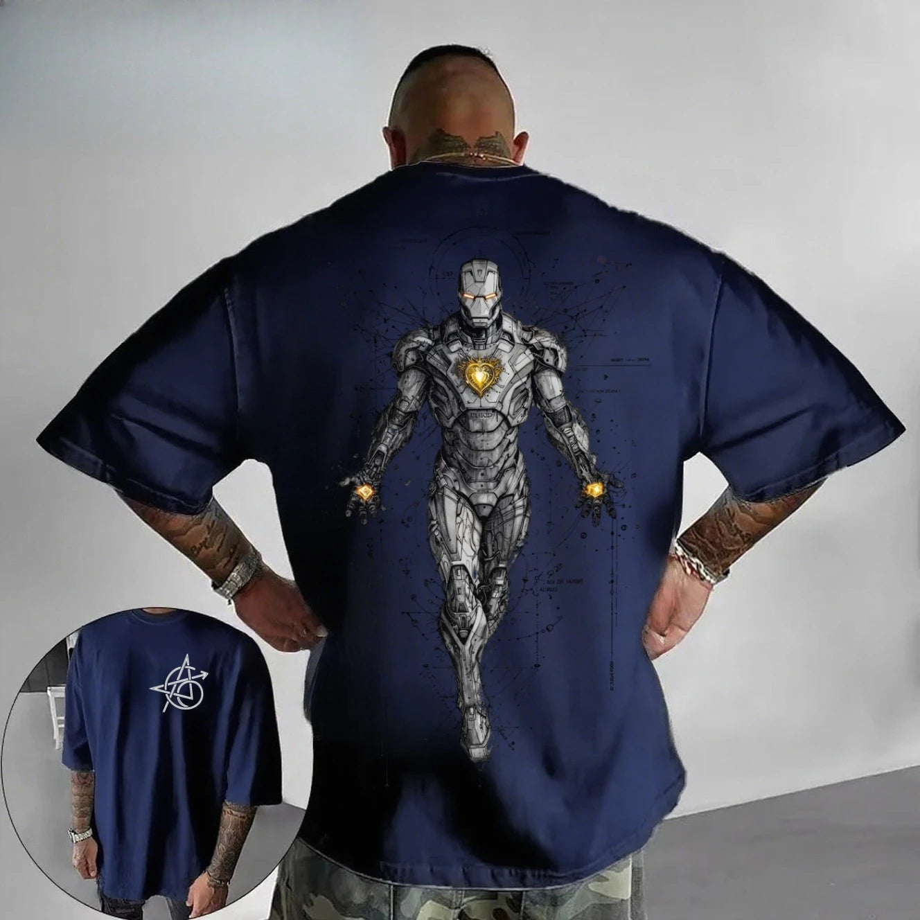 Avengers Iron Man-T-shirt – wit oversized shirt met cyberpunk-technische lijntekening