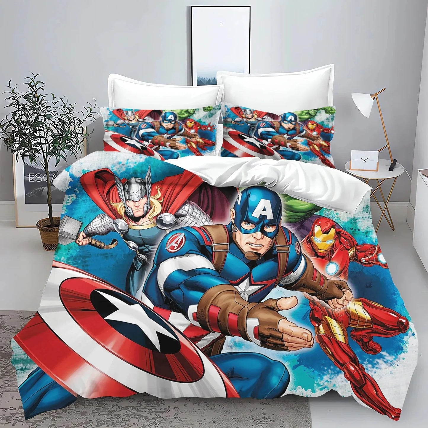 Dekbedovertrek Avengers - Stripboek, Blauwe Achtergrond met Spetters