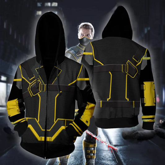 Hawkeye-hoodie – zwart-geel ontwerp van het Quantum-pak