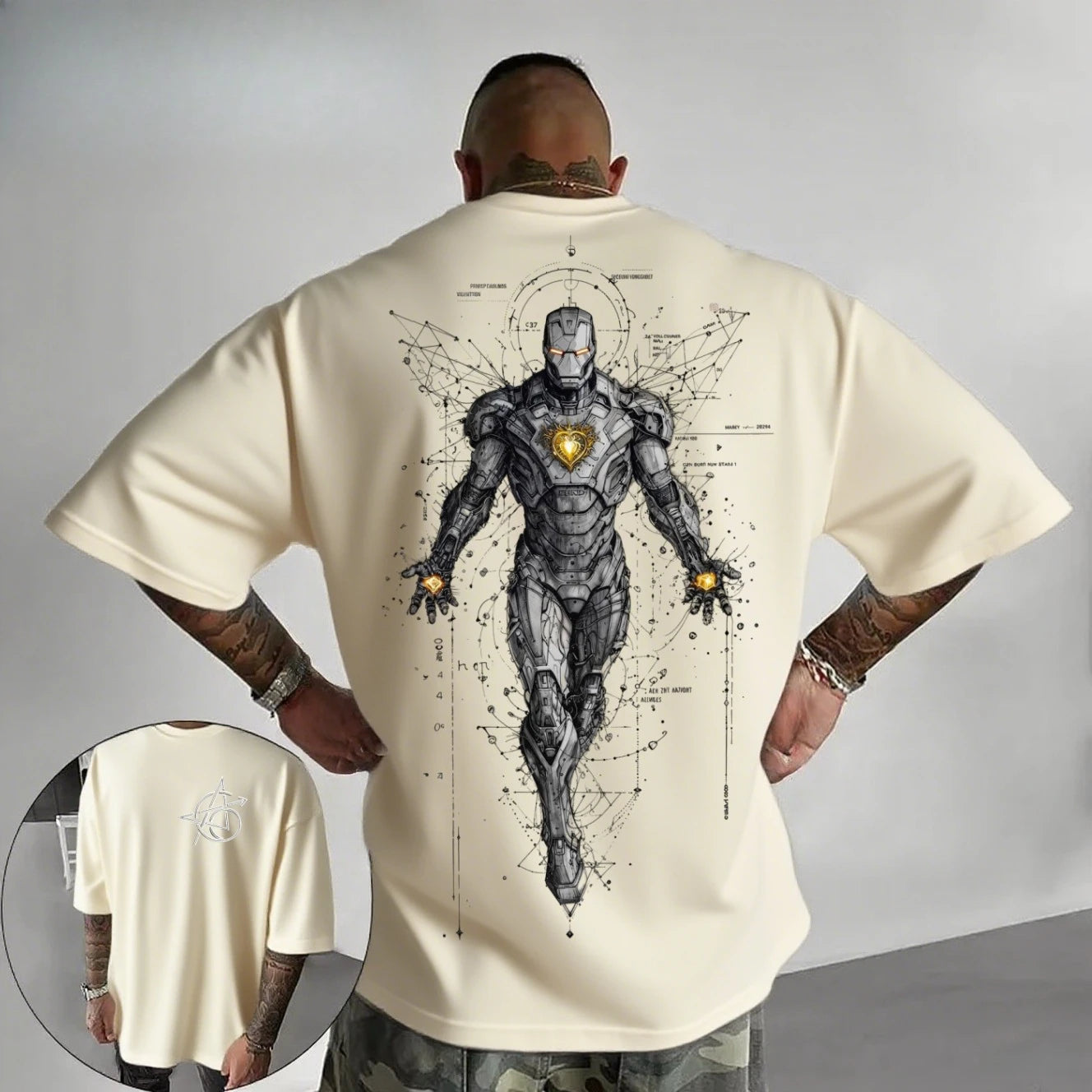 Avengers Iron Man-T-shirt – wit oversized shirt met cyberpunk-technische lijntekening