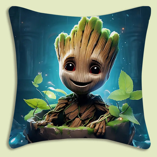 Baby Groot-kussenhoes - glimlachend in een pot met blauwe achtergrond