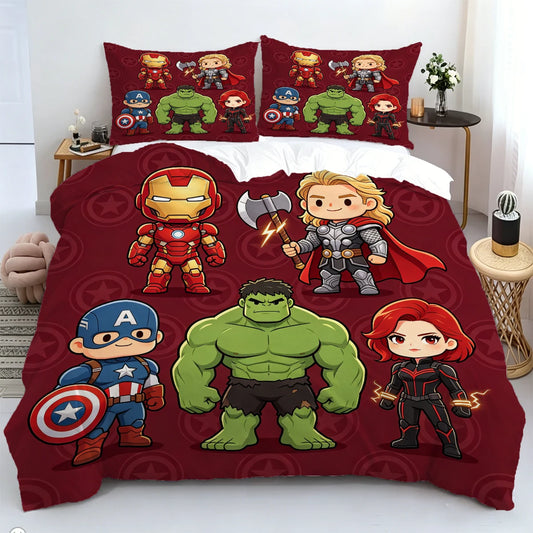 Chibi Avengers-dekbedovertrek - bordeauxrode achtergrond