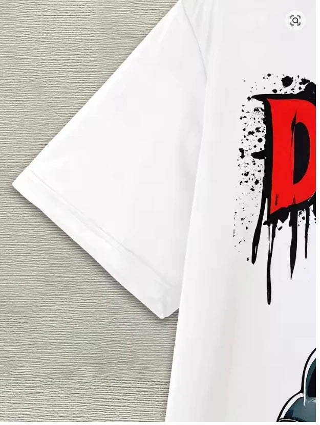 Deadpool 3D-herenT-shirt - Hurkend met katana's op witte achtergrond