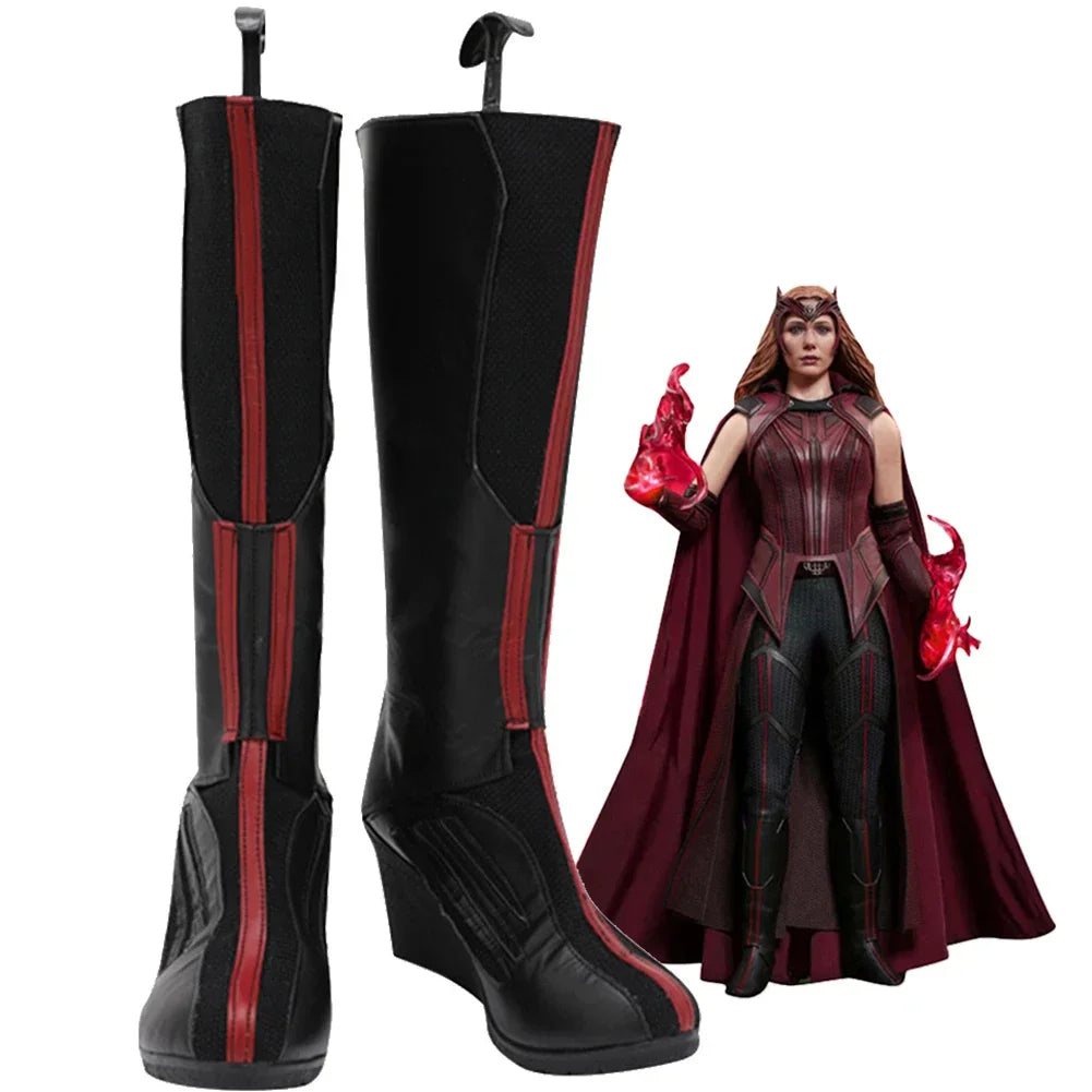 Scarlet Witch-laarzen - Zwart en rood leer met sleehak (dames)