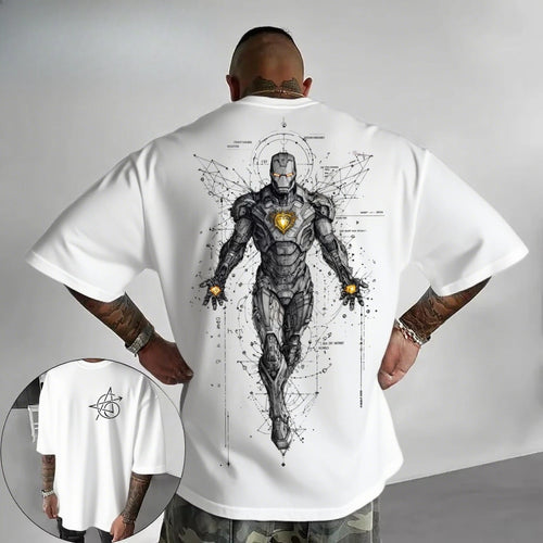 Avengers Iron Man-T-shirt – wit oversized shirt met cyberpunk-technische lijntekening