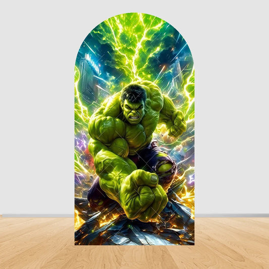 Avengers Hulk-feestachtergrond met boog - Groene bliksemschichten boven de stad