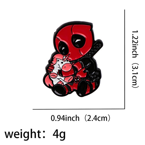 Deadpool-knuffelende eenhoorn-metalen badge - zittende chibi-broche
