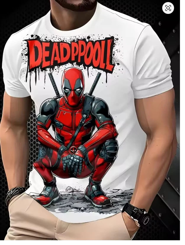 Deadpool 3D-herenT-shirt - Hurkend met katana's op witte achtergrond