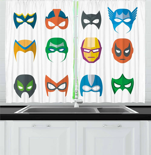 Keukengordijnen met superhelden - Kleurrijke maskers, 2 panelen