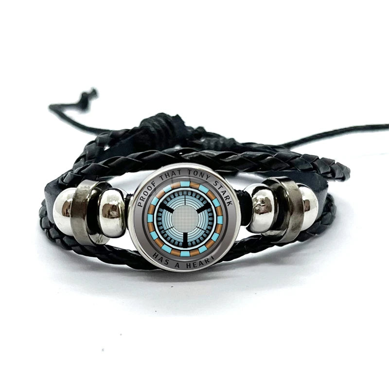 Leren Tony Stark Arc Reactor-armband - Zwart, turquoise stralen en driehoeken