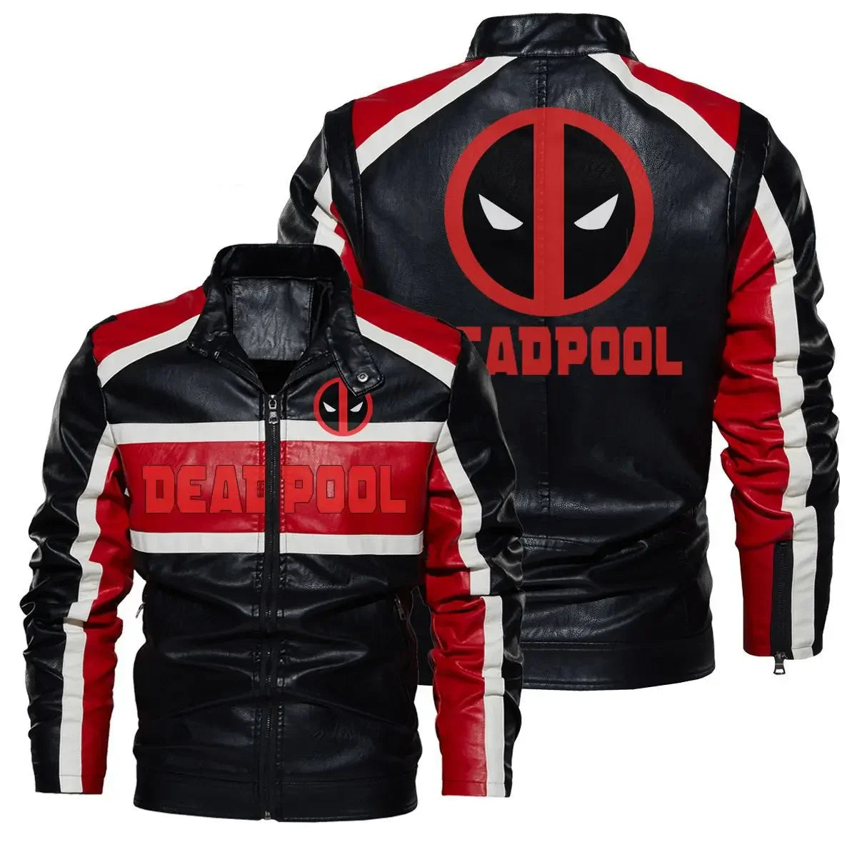 Deadpool-leren herenjas - Rood, zwart-wit logo, motorstijl