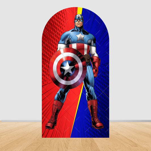 Avengers Captain America-feestachtergrond met boog - Rode en blauwe diagonale stripstijl