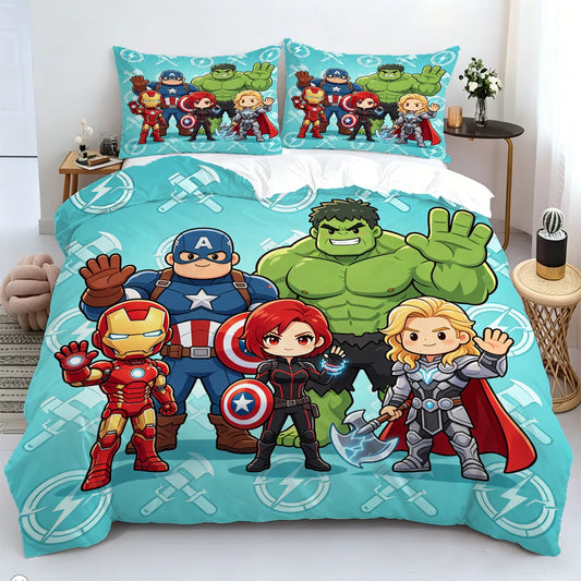 Chibi Avengers Dekbedovertrek - Turquoise Achtergrond