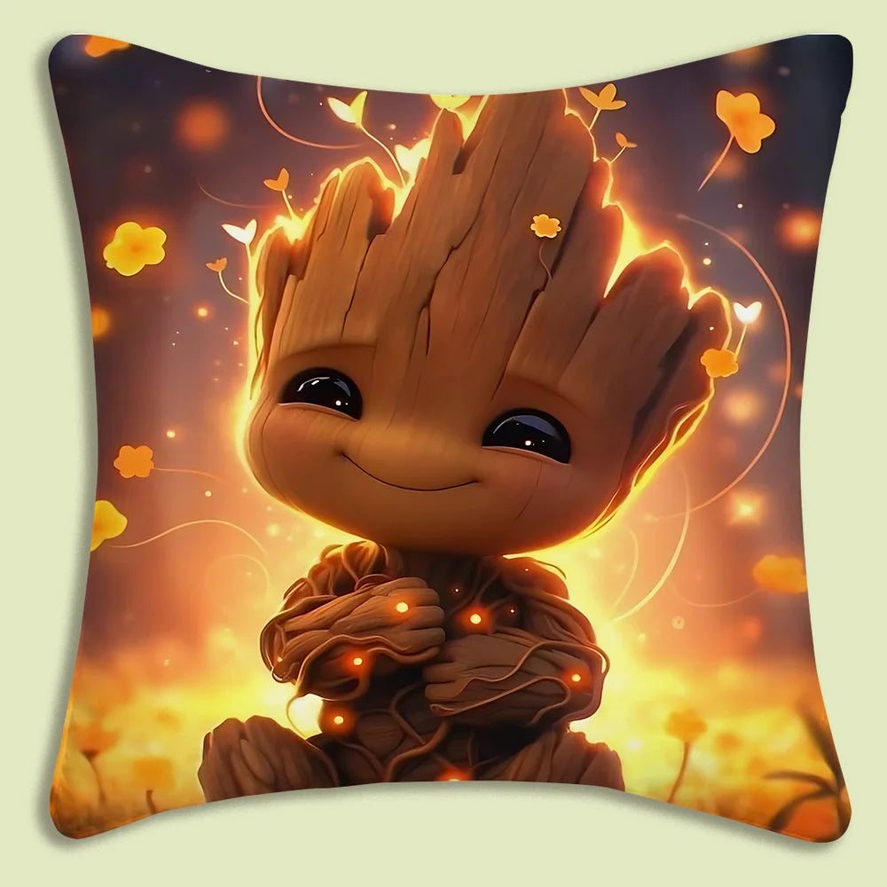 Baby Groot-kussenhoes - vuurvliegjes, gouden bloemen en zachte uitstraling