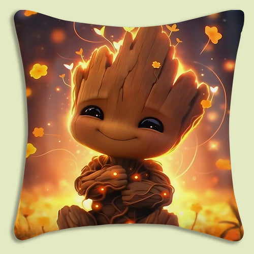 Baby Groot-kussenhoes - vuurvliegjes, gouden bloemen en zachte uitstraling