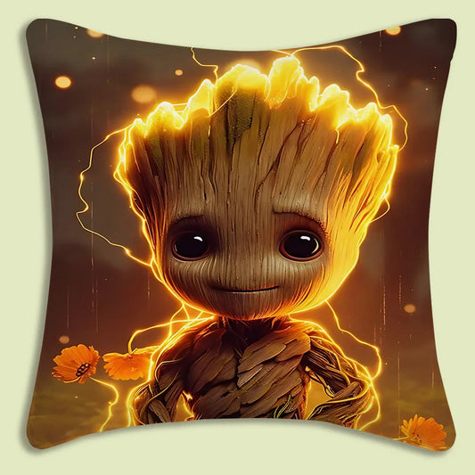 Baby Groot-kussenhoes - gouden elektrische contour en bloemen