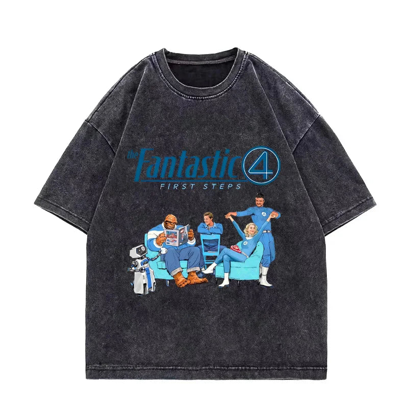 T-shirt The Fantastic 4 - Noir délavé avec équipe, coupe oversize