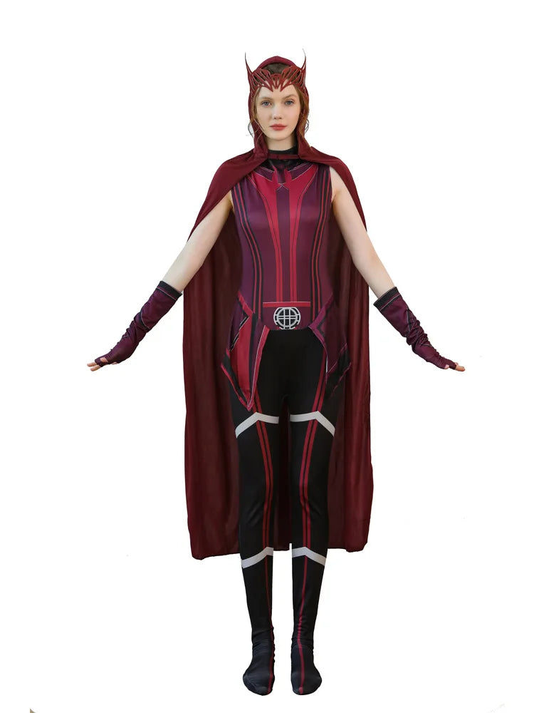 Costume cosplay Wanda Maximoff Scarlet Witch - Combinaison rouge avec cape et coiffe