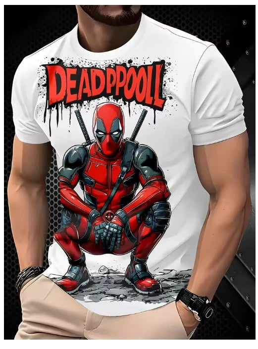Deadpool 3D-herenT-shirt - Hurkend met katana's op witte achtergrond