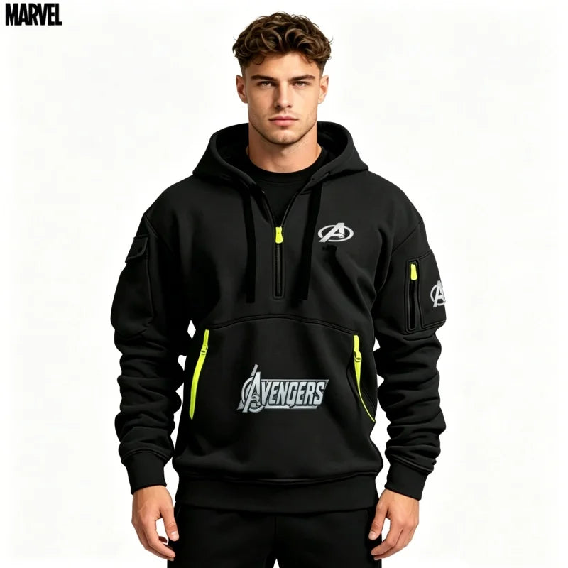 Avengers herenhoodie met halve rits – zwart-geel, met meerdere zakken