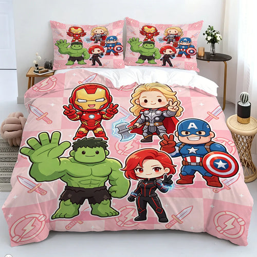 Chibi Avengers-dekbedovertrek - roze achtergrond