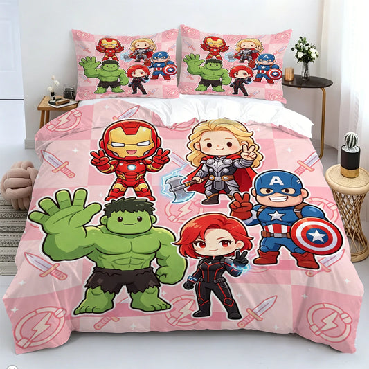 Chibi Avengers-dekbedovertrek - roze achtergrond