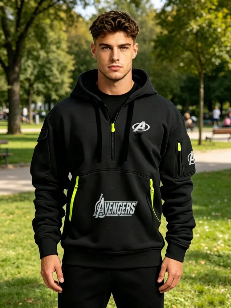 Avengers herenhoodie met halve rits – zwart-geel, met meerdere zakken