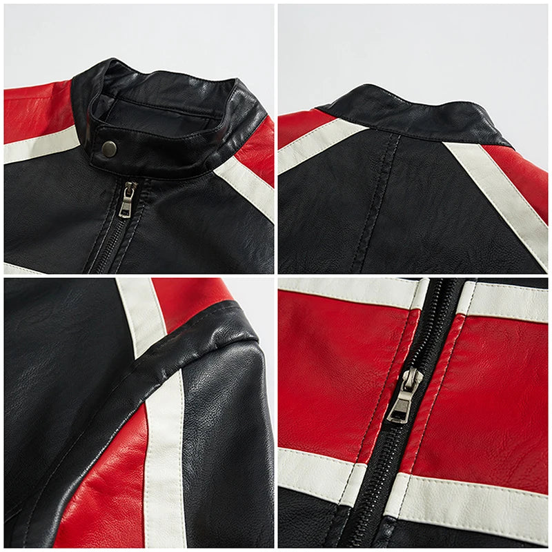Deadpool-leren herenjas - Rood, zwart-wit logo, motorstijl