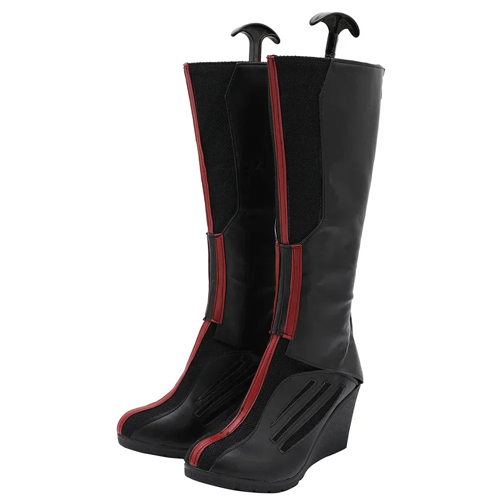 Scarlet Witch-laarzen - Zwart en rood leer met sleehak (dames)