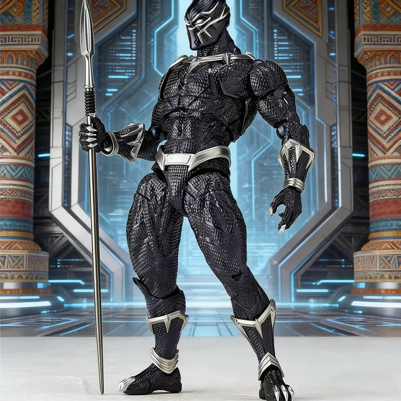 Articulated Black Panther 3.0-figuurtje - textuur met gouden schubben, decoratieve speer