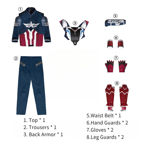 Captain America-kostuum (Falcon) - Blauw-wit-rood kostuum met pantser en schild