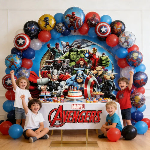Ronde Avengers-achtergrond - Verjaardagsdecoratie met een groep helden