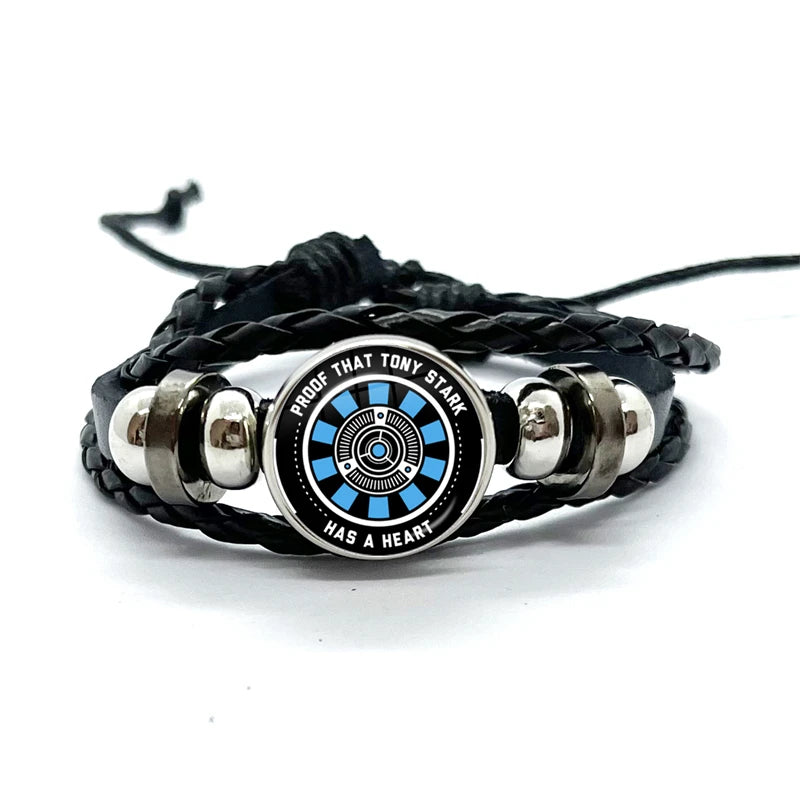Leren armband Tony Stark Arc Reactor - Zwart met hemelsblauwe strepen
