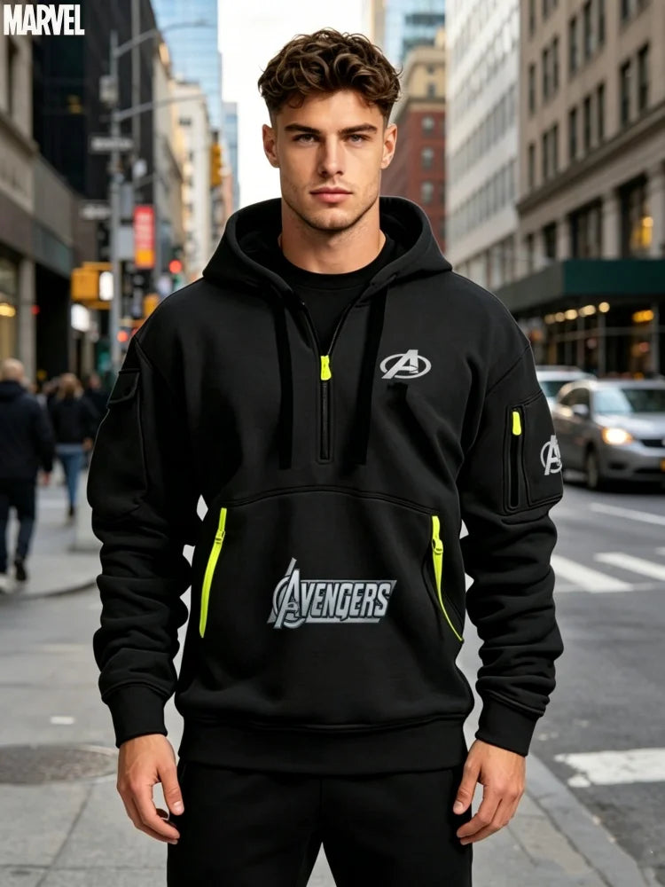 Avengers herenhoodie met halve rits – zwart-geel, met meerdere zakken