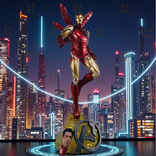 Iron Man-beeld met twee ledhoofden - Avengers-nachtelijke skyline