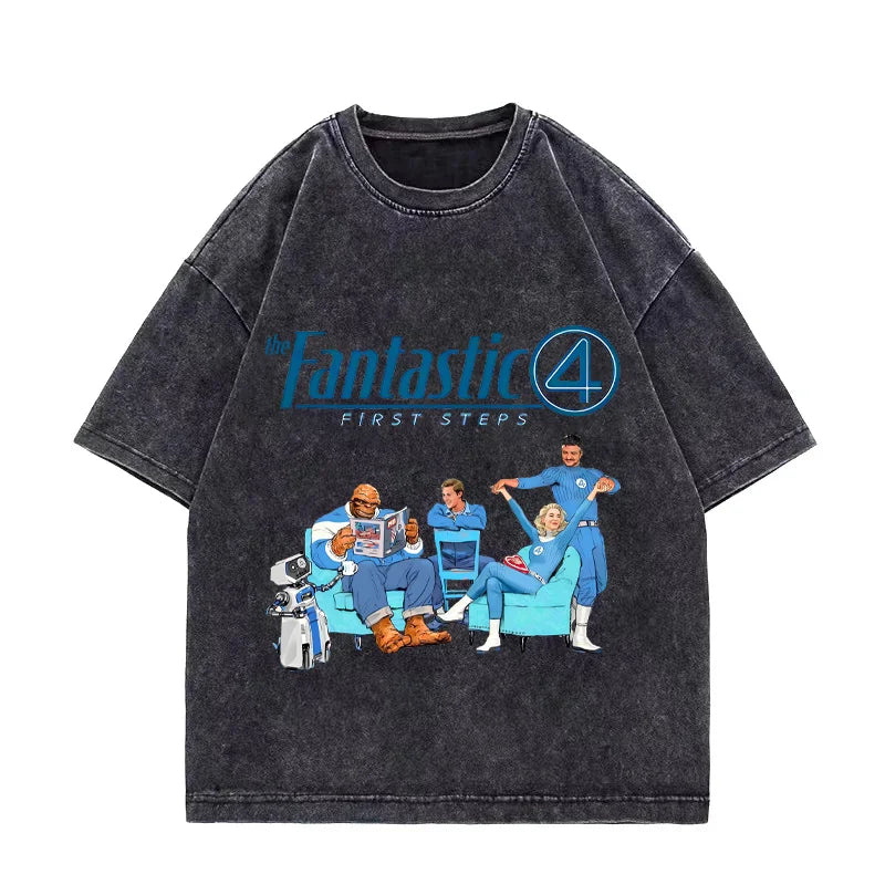 T-shirt The Fantastic 4 - Noir délavé avec équipe, coupe oversize