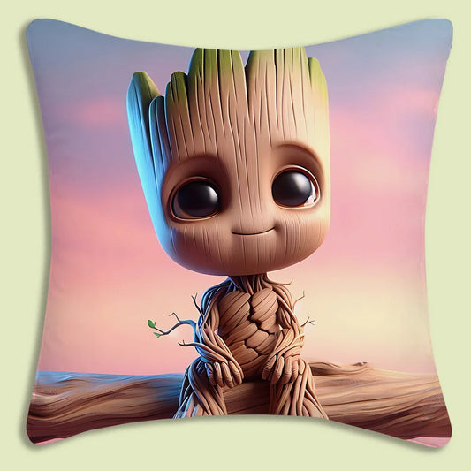 Baby Groot-kussenhoes - grote ogen tegen pastelblauwe achtergrond