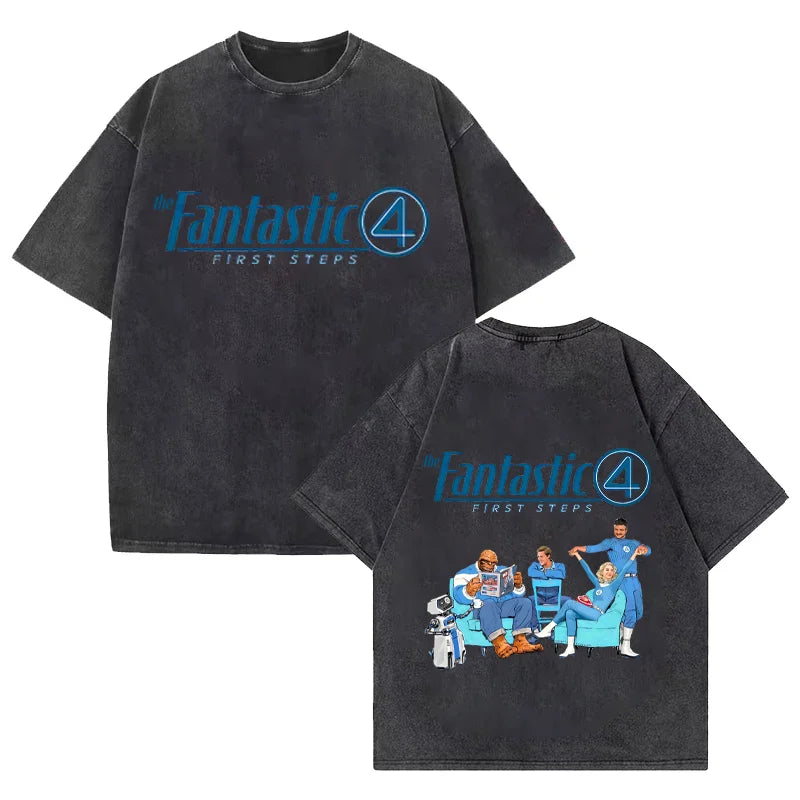 T-shirt The Fantastic 4 - Noir délavé avec équipe, coupe oversize