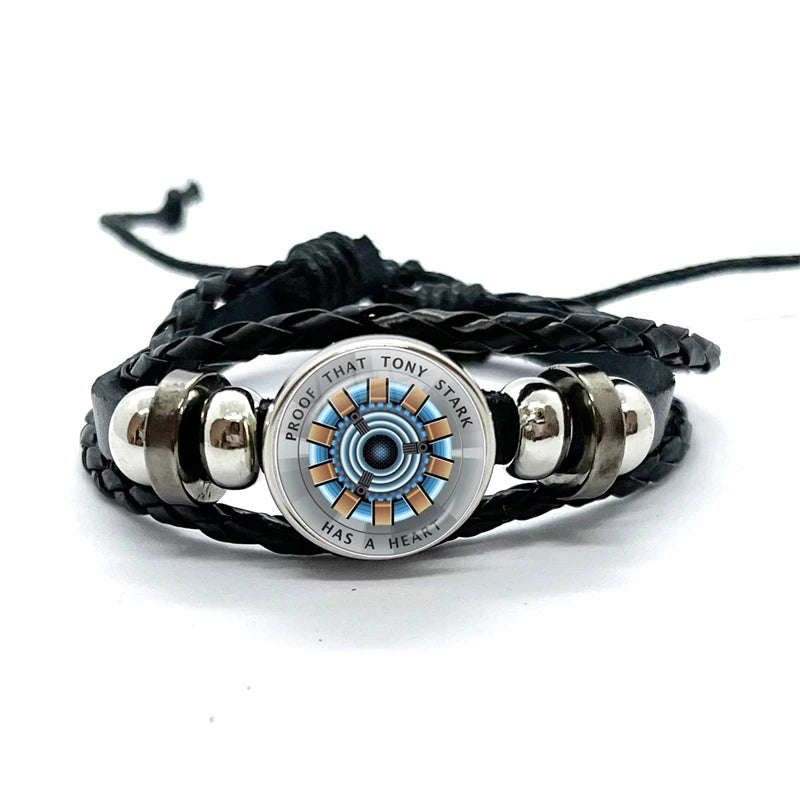Leren armband Tony Stark Arc Reactor - Zwart met concentrische blauwe en oranje cirkels