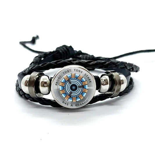 Leren armband Tony Stark Arc Reactor - Zwart met concentrische blauwe en oranje cirkels