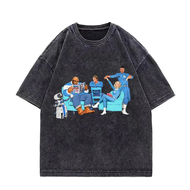 T-shirt The Fantastic 4 - Noir délavé avec équipe, coupe oversize