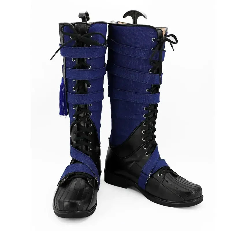 Fantastische cosplaylaarzen - Marineblauw en zwart leer met pompon (dames)