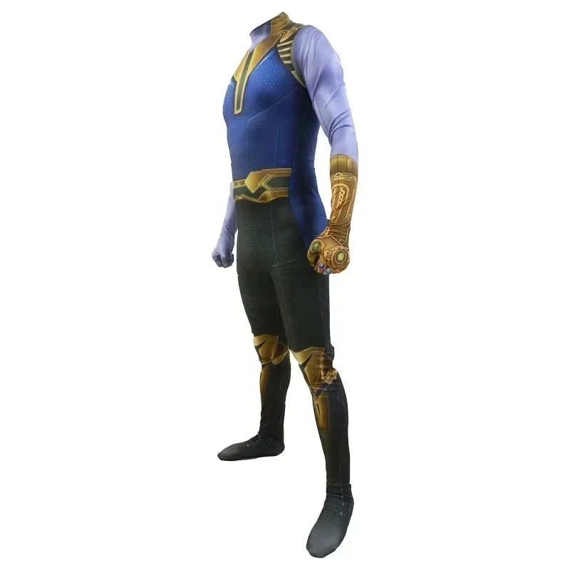 Thanos-kostuum – blauw-gouden pak met handschoen