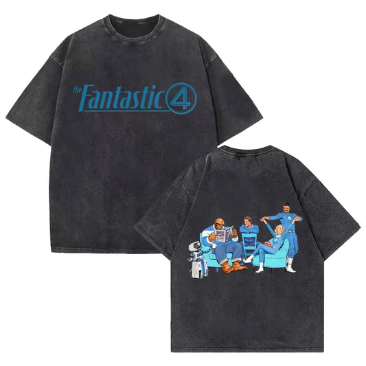 T-shirt The Fantastic 4 - Noir délavé avec équipe, coupe oversize