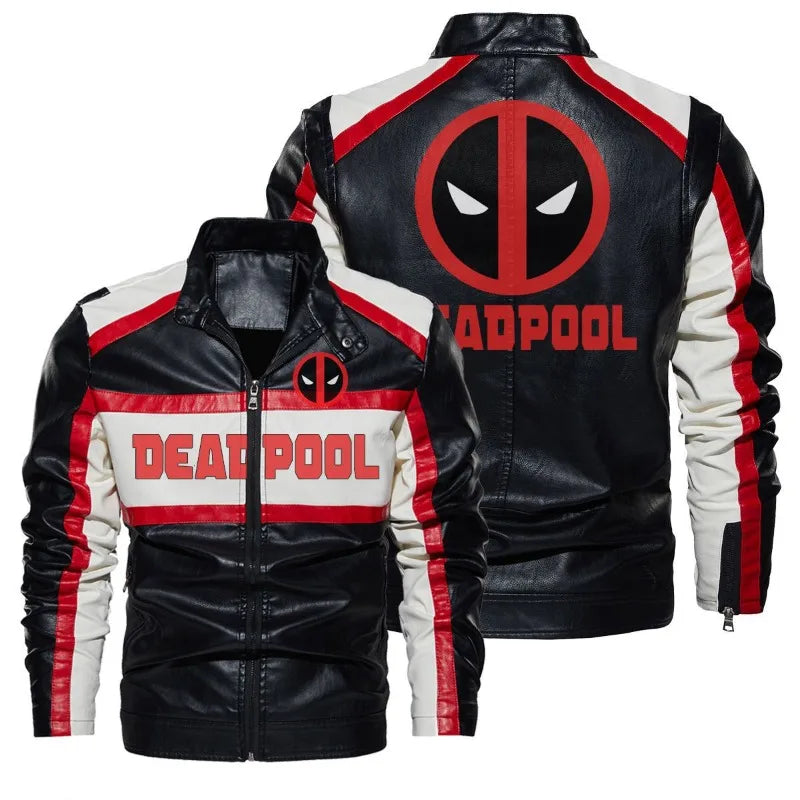 Deadpool-leren herenjas - Rood, zwart-wit logo, motorstijl